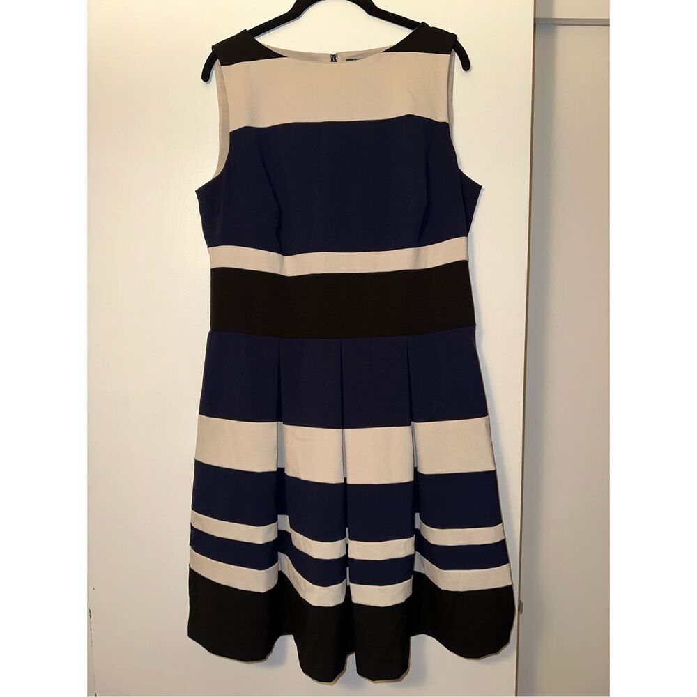 Ralph Lauren Women’s Blue Black Tan Pleated Tank Dress Size 14 EUC